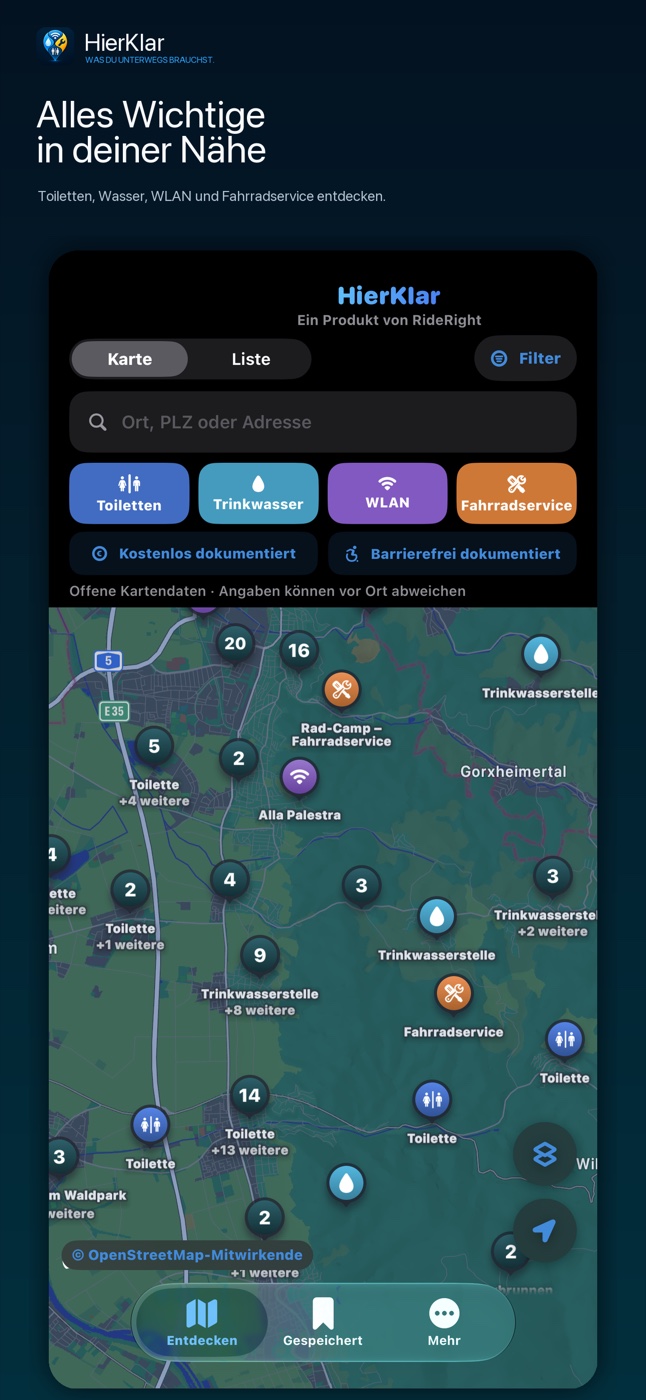 HierKlar App-Oberfläche mit Karte und Alltagsangeboten