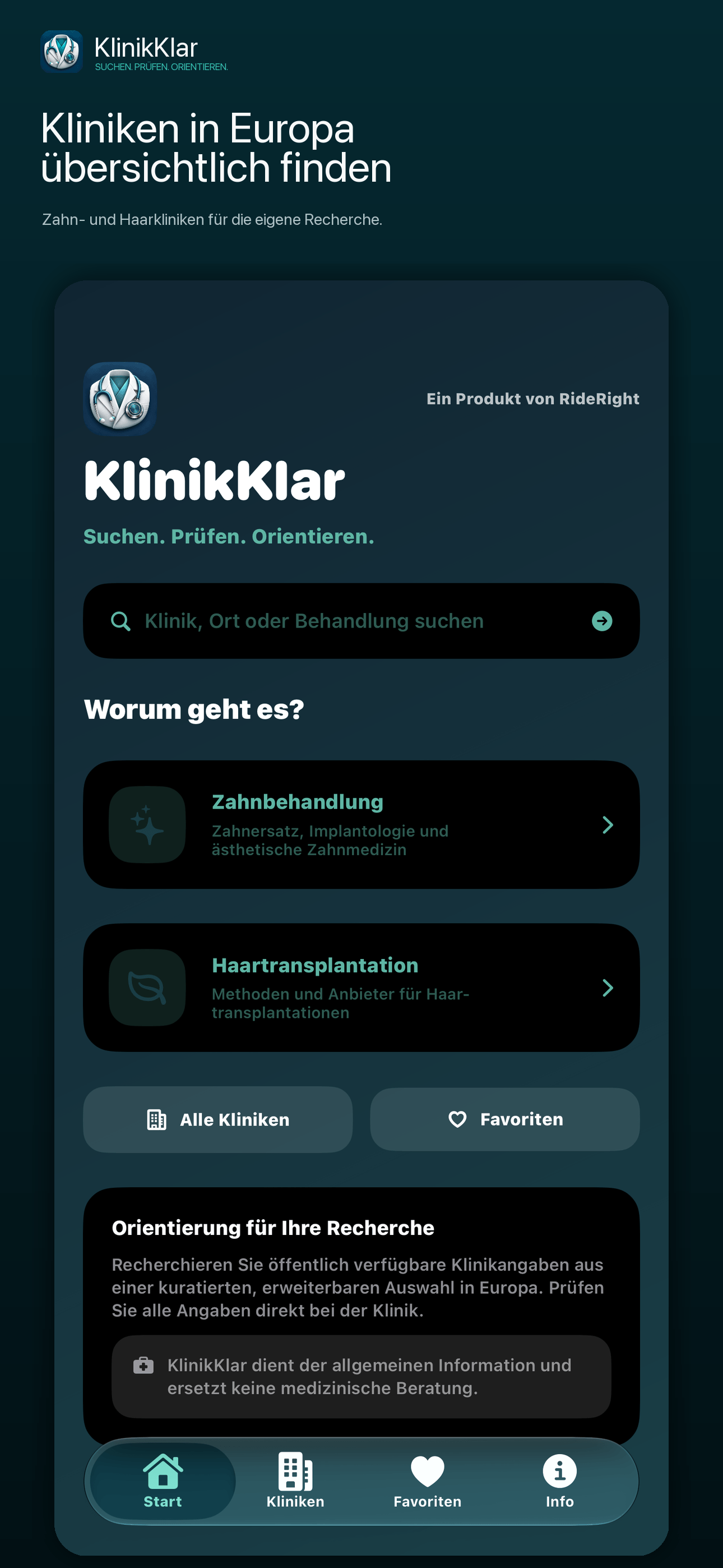 KlinikKlar App-Oberfläche zur Recherche europäischer Kliniken