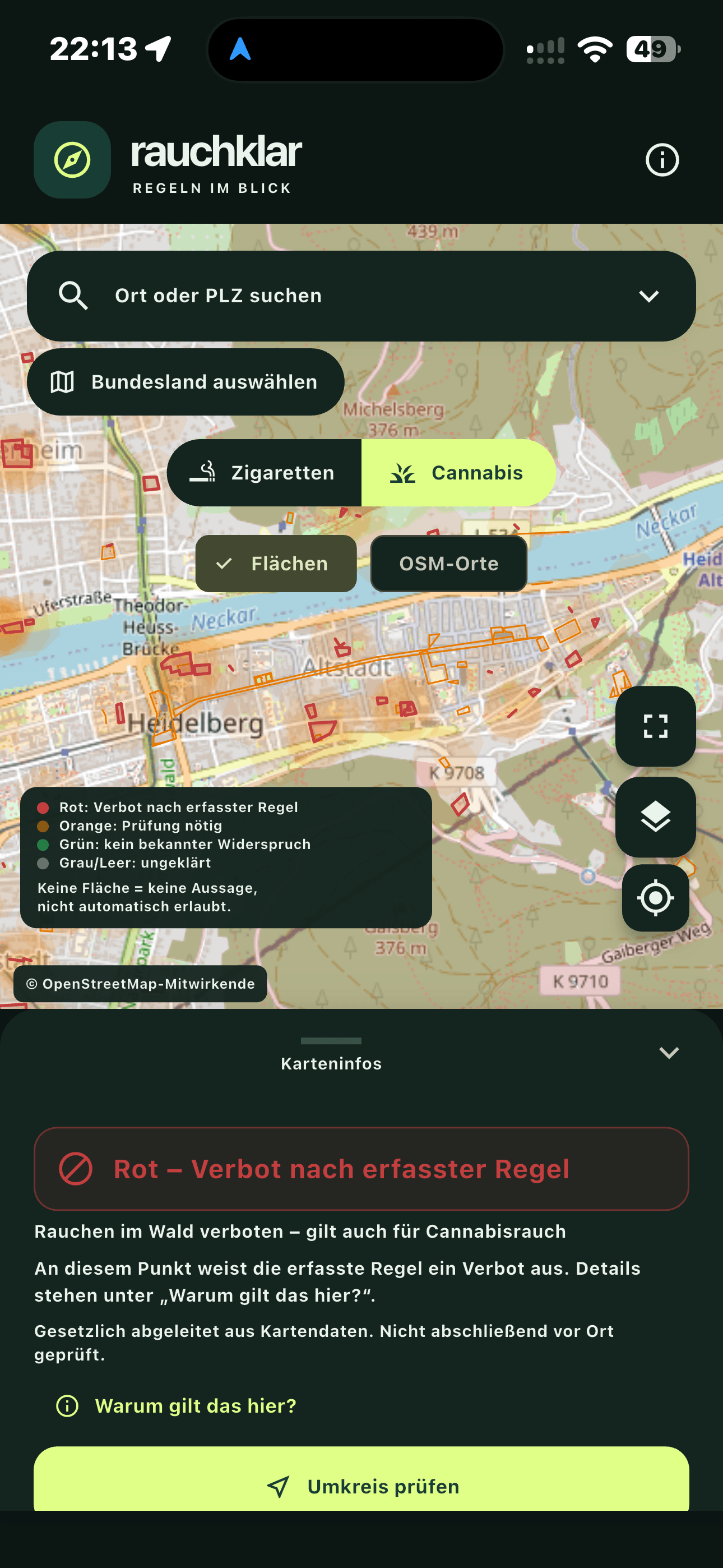 RauchKlar App-Oberfläche mit Kartenansicht und Regeleinordnung
