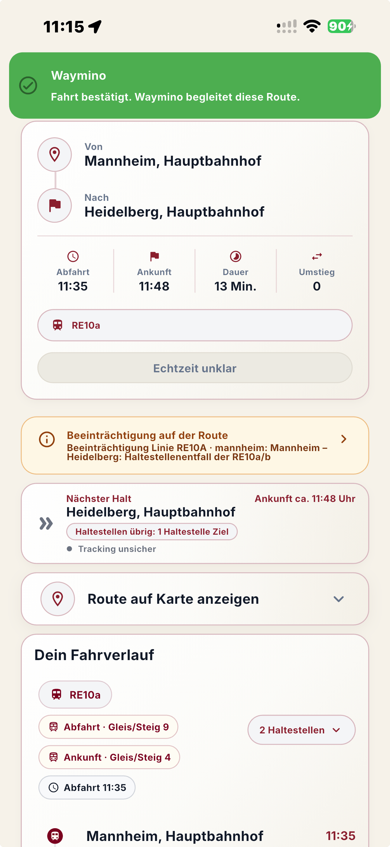 App-Oberfläche von Waymino